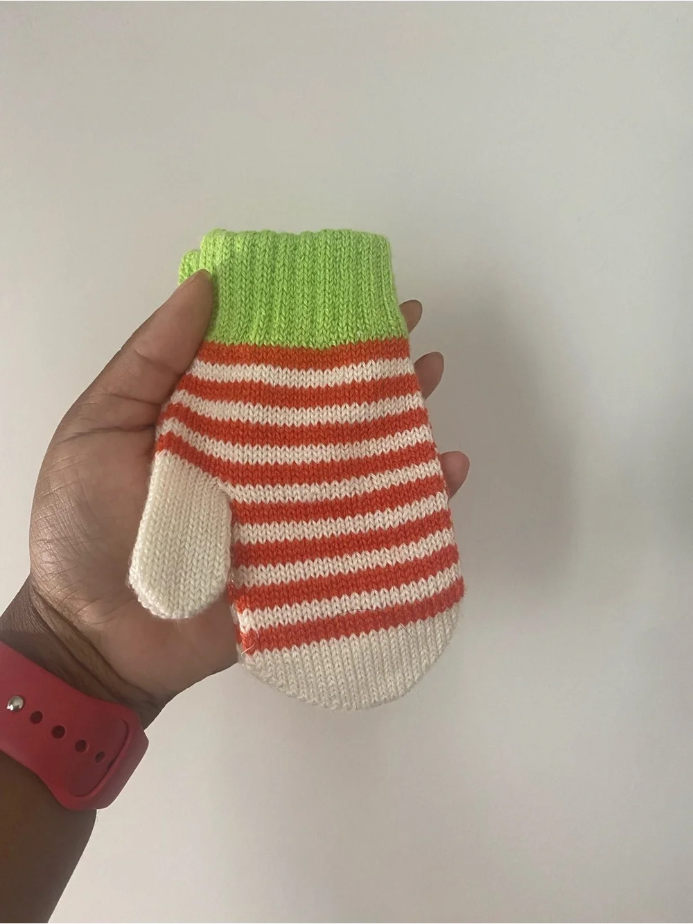 Kids Mittens - Green Cuff with Orange and White Stripes
